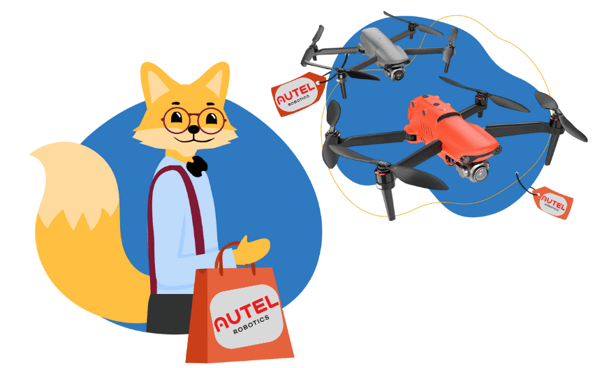 Der Smart-Home-Fox steht mit einer Einkaufstüte von Autel Robotics da und präsentiert dieEvo Nano und Evo Lite Drohnen.